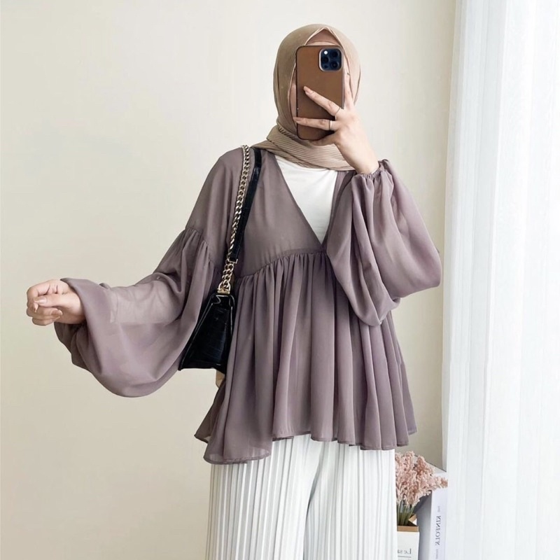 BLOUSE CHIFFON WANITA LENGAN BALON ATASAN SIFON TRANSPARAN DEVIKA BLOUSE