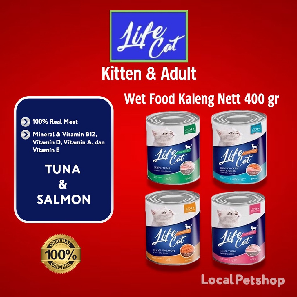 LIFE CAT kaleng 400gr Wet Food makanan kucing basah ready Adult &amp; Kitten rasa Tuna &amp; Salmon Original Kadaluwarsa lama termurah