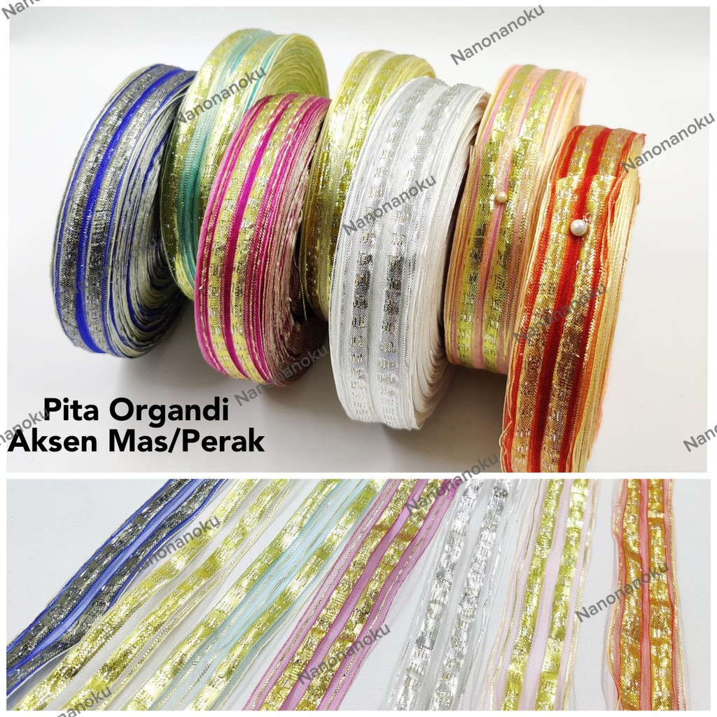 Pita Organdi 1 inch 2,5 cm Aksen Mas Perak Hiasan Hampers Souvenir Kado