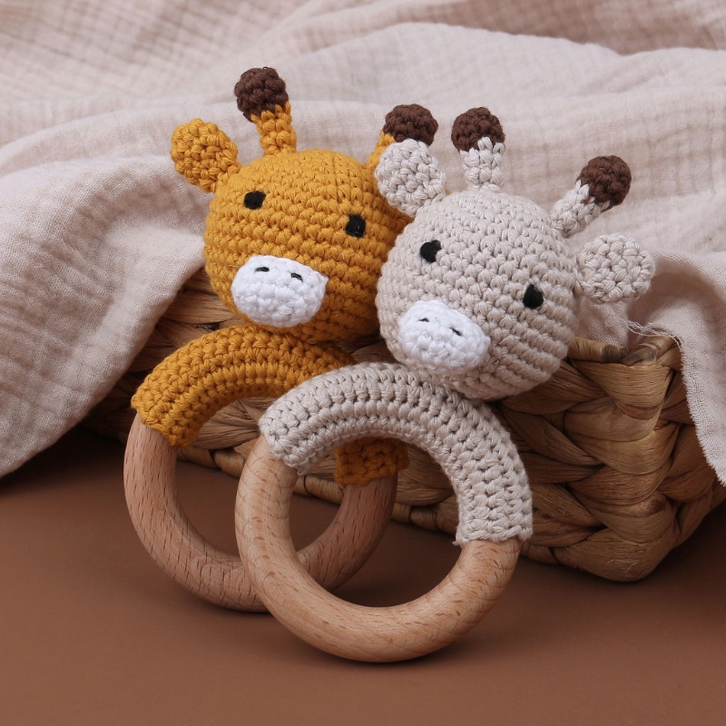 Mary 1PC Mainan Rattle Teether Bayi Bentuk Kartun Hewan Bahan Kayu Crochet DIY