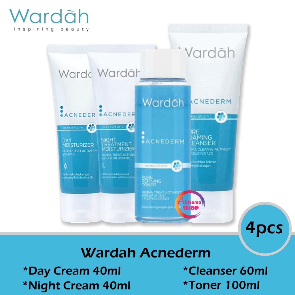 Paket Wardah AcneDerm Perawatan Jerawat 4pcs (Day 40ml+Night 40ml+Toner 100ml+Cleanser 60ml)