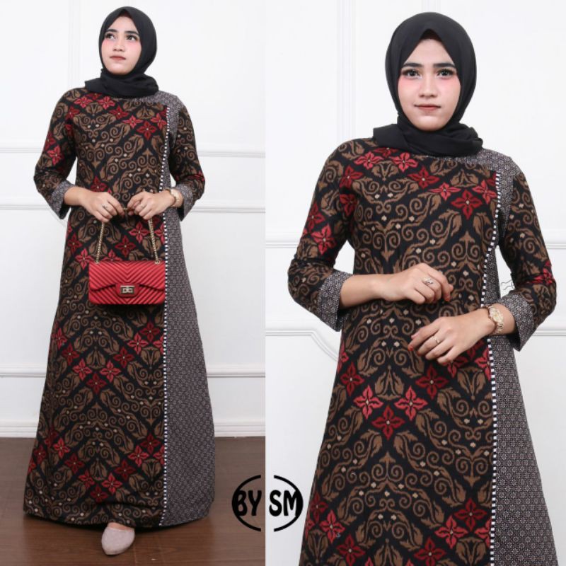 Baju dress gamis wanita kombinasi batik jumbo ld 110 120 130 140 motif songket merah