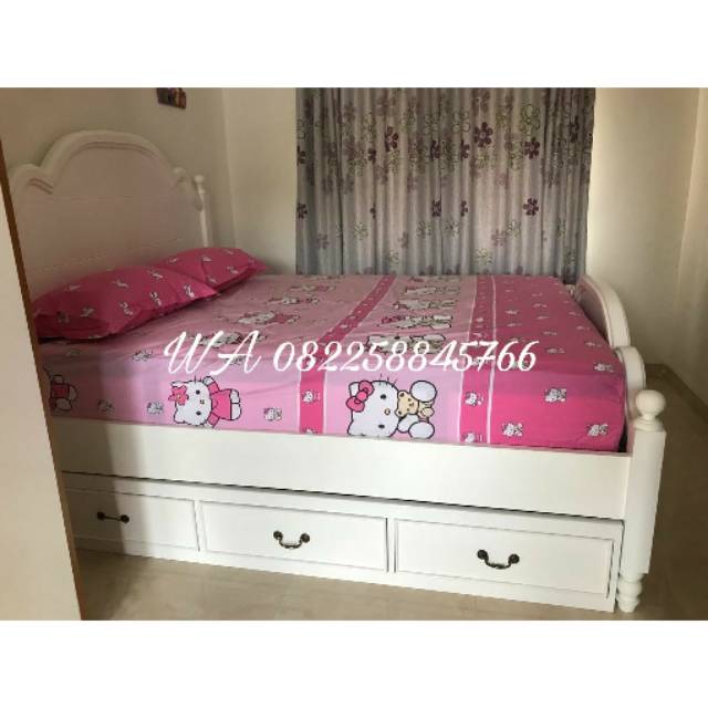 Tempat Tidur Dewasa Dipan Laci Ranjang Minimalis Kayu Jati Warna Putih Buatan Jepara
