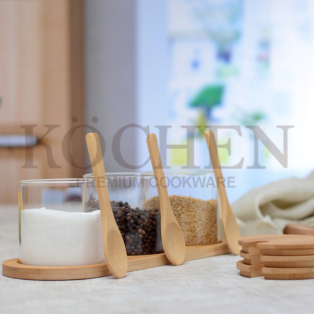 MYKOCHEN.INA Tempat Bumbu Dapur SET 3pcs Free Sticker Free Sendok Botol Bumbu Dapur Wadah Bumbu Dapur Gula Garam Kaldu Kopi Teh Multifungsi Kaca Neron Glass Bamboo Jar Toples Transparan Gaya Jepang Aesthetic Nordic Scandinavian Bambu Kayu Canister