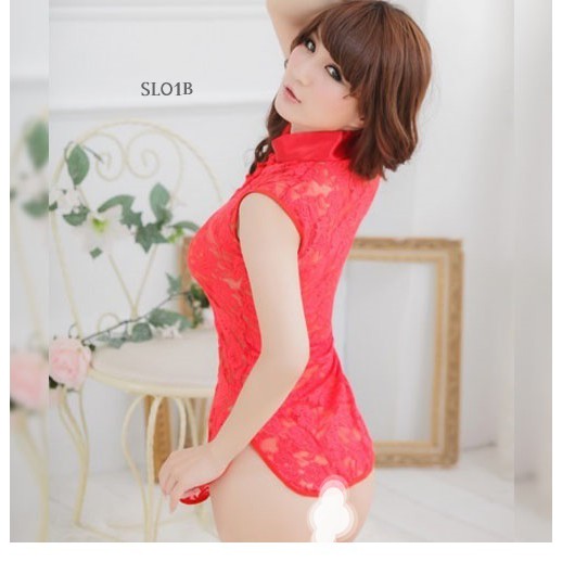 [BISA COD] SEXY CHEONGSAM LINGERIE WANITA NIGHT GOWN SLEEP WEAR LACE MERAH SL01B