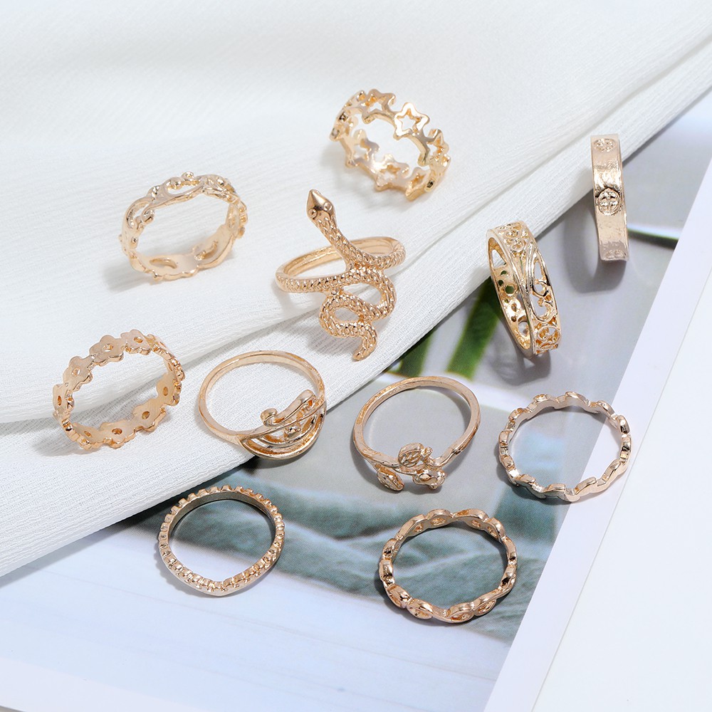 9 pcs Set Cincin Ukiran Berongga | Cincin Kombinasi Bunga Matahari Bintang Berujung Lima Mawar, Perhiasan Wanita