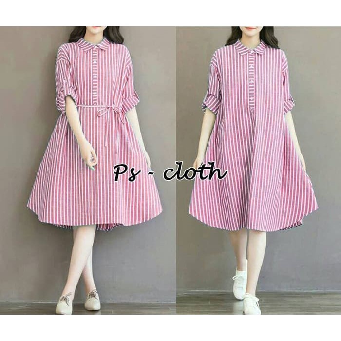 MIDI DRESS THEFANGSHOP jumbo salur/katun/salur/casual/terusan/kerah/midi/dress W4   IWAZAH OFFICE