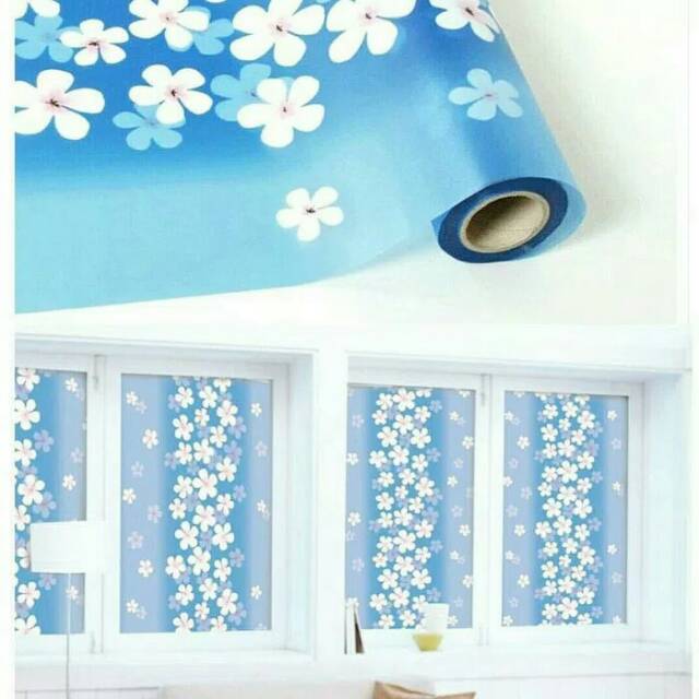 Sticker kaca sunblast motif bunga putih biru