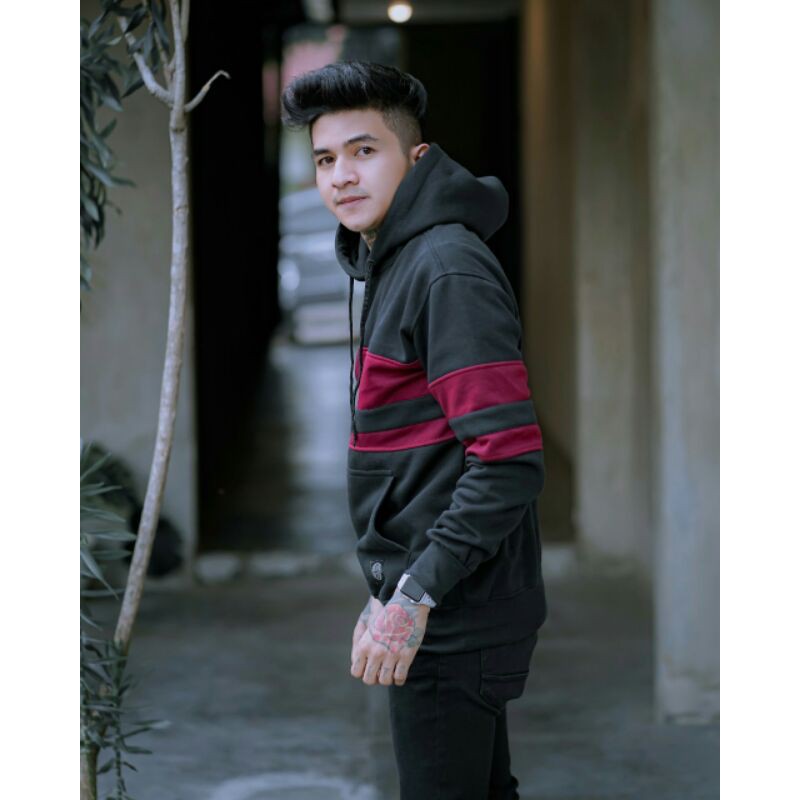 SALVIOHEXIA Sweater Hoodie Polos Jaket Pria Black Maroon