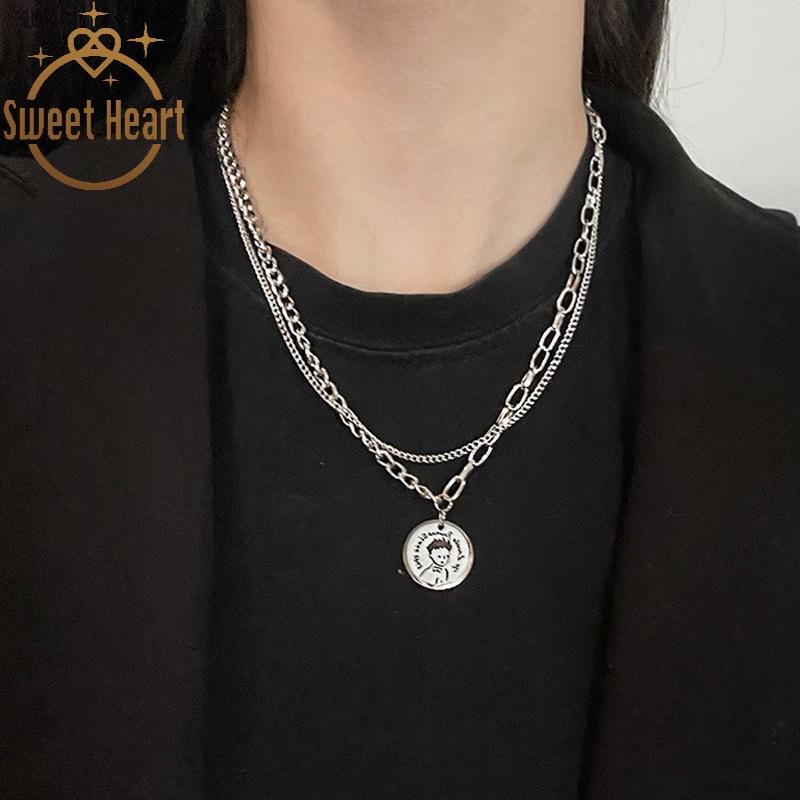 Kalung Rantai Liontin Pangeran Kecil Double Layer Bahan Titanium Steel Gaya Hip Hop Untuk Pria Dan Wanita