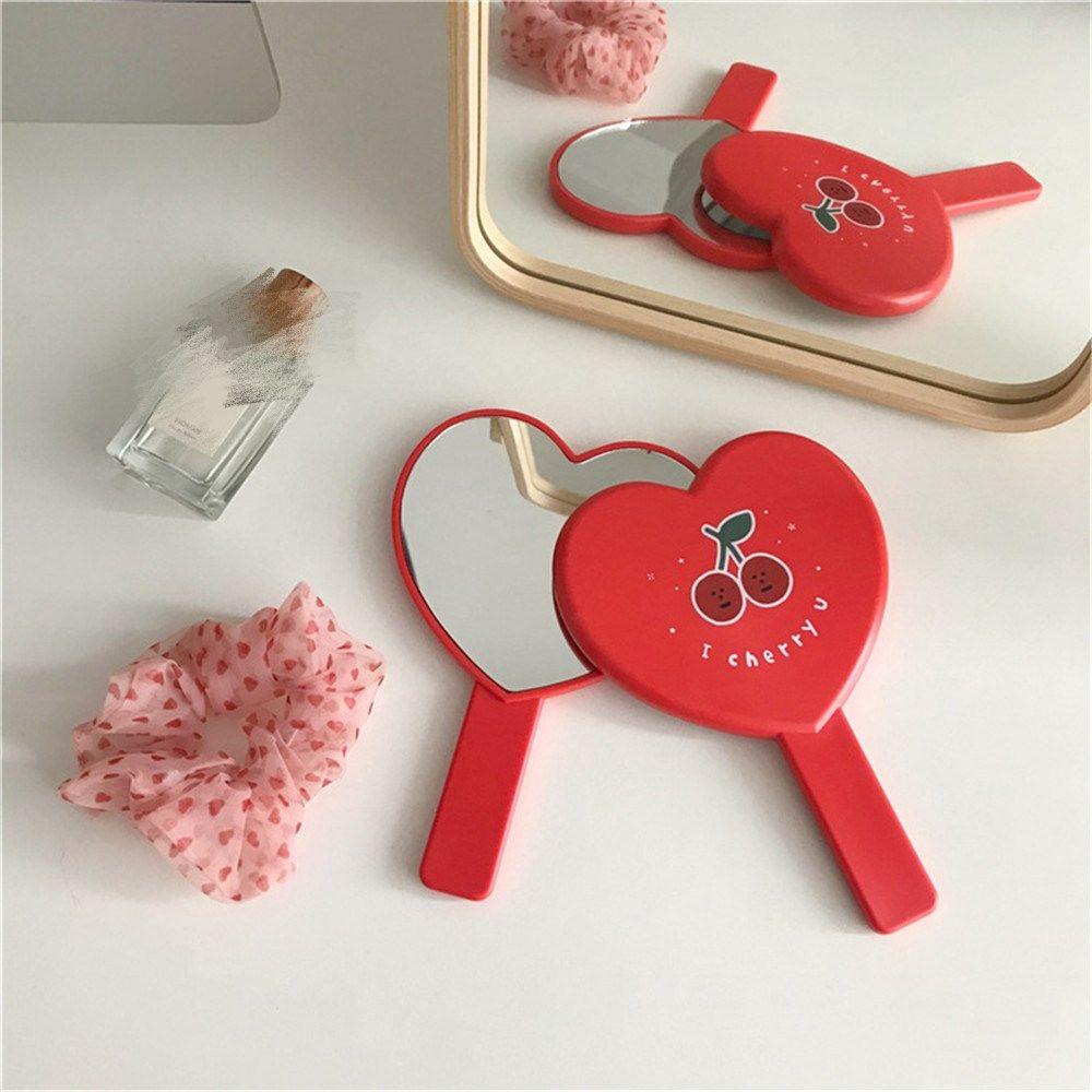 R-flower Handheld Cute Untuk Wanita Vanity Mirror Dengan Gagang Berbentuk Hati