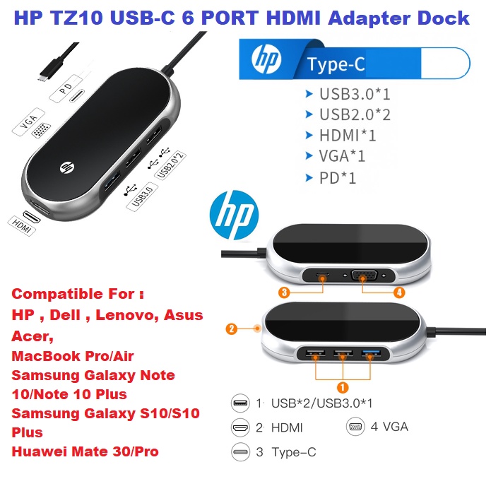 Dock Adapter HP TZ10 USB-C 6 PORT GLOSSY HUB Multi USB 3.0 HUB HDMI