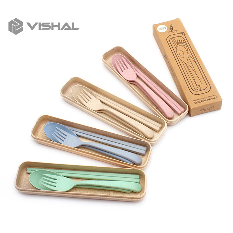 VISHAL 4 pcs Wheat straw Travel Cutlery Set Portabel Alat Makan Sendok Garpu Sumpit Chopsticks VS-23