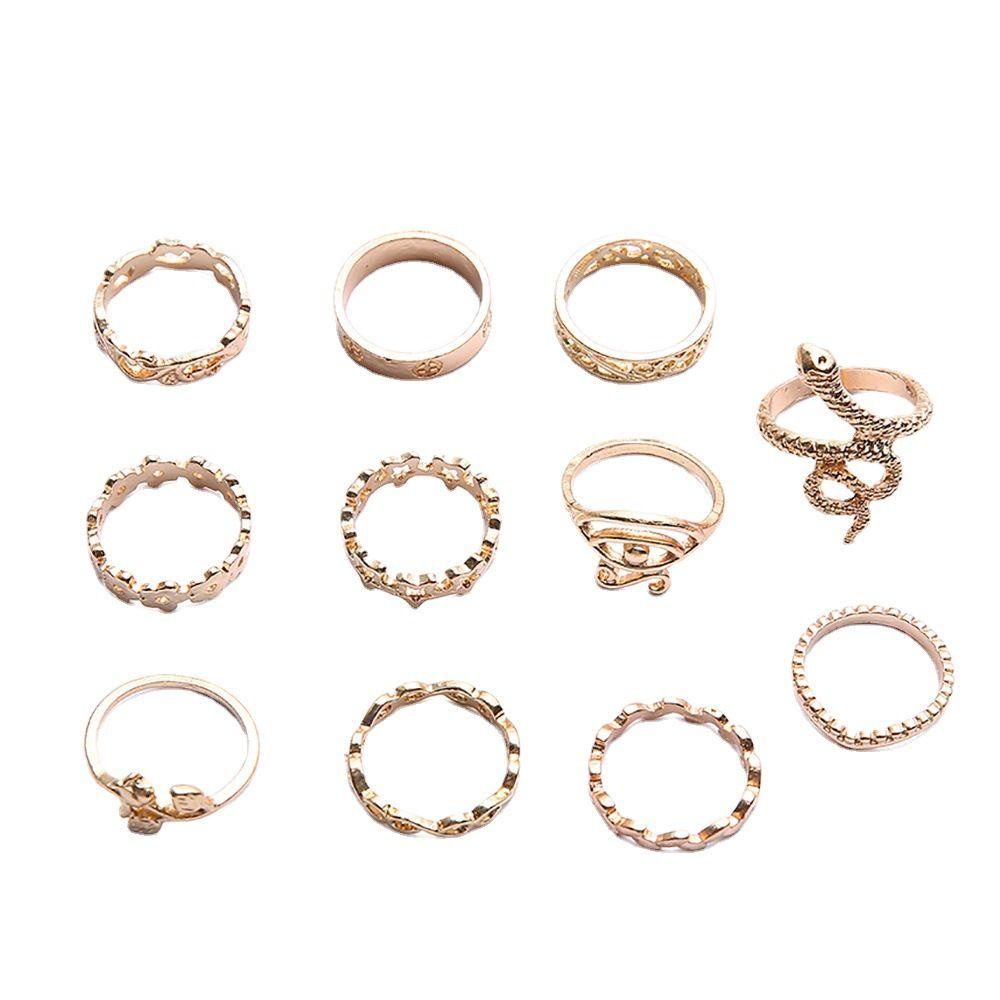 Top 11Pcs /Set Cincin Berbentuk Ular Paduan Baru Emas Ukir Bunga Wanita Gadis Perhiasan
