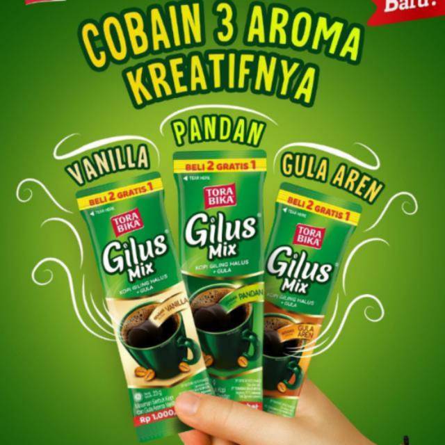 

Kopi TORABIKA Gilus Mix Kemasan Baru isi 10 sachet dengan rasa vanila, gula aren dan pandan.