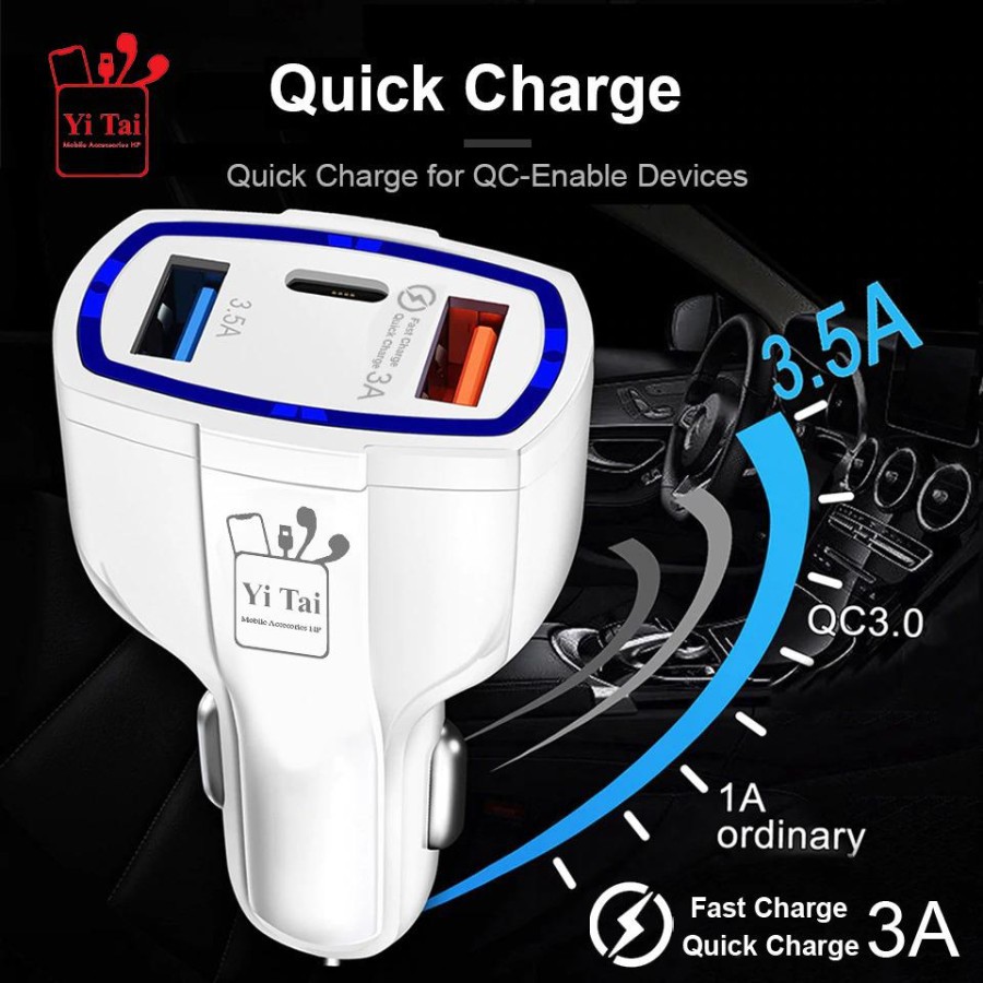 CAR CHARGER 2USB + TYPE C QUICK CHARGER YI TAI 368KC - CHARGER MOBIL - BC