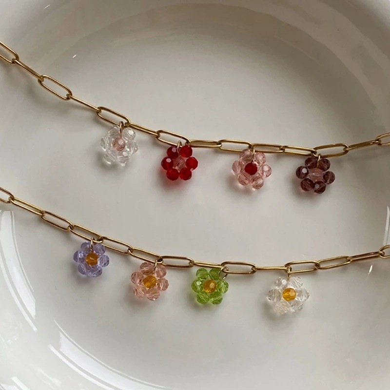 Vintage Colorful Braided Crystal Flower Necklace Clavicle Chain Metal Necklace