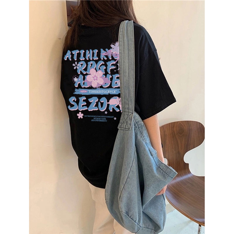 EUNII T-shirt  Lengan Pendek Bunga Sakura Bahasa Inggris Pencetakan Longgar Korean Style/Kaos Atasan Wanita/Baju Kaus Oversize Wanita