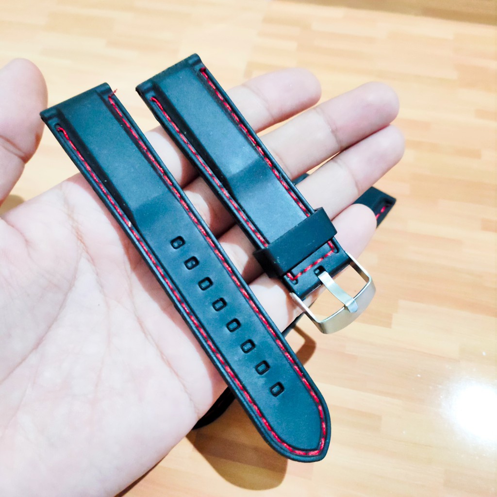 termurah tali jam tangan karet warna hitam list merah , strap jam tangan karet rubber