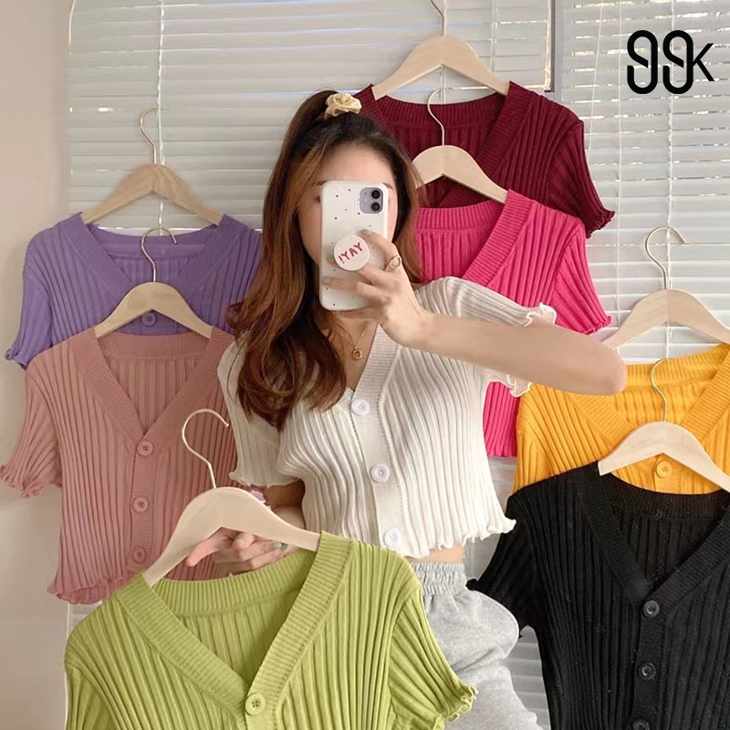 Korean Knit V-Neck Button Crop Top Atasan Wanita Rajut Kancing  2604