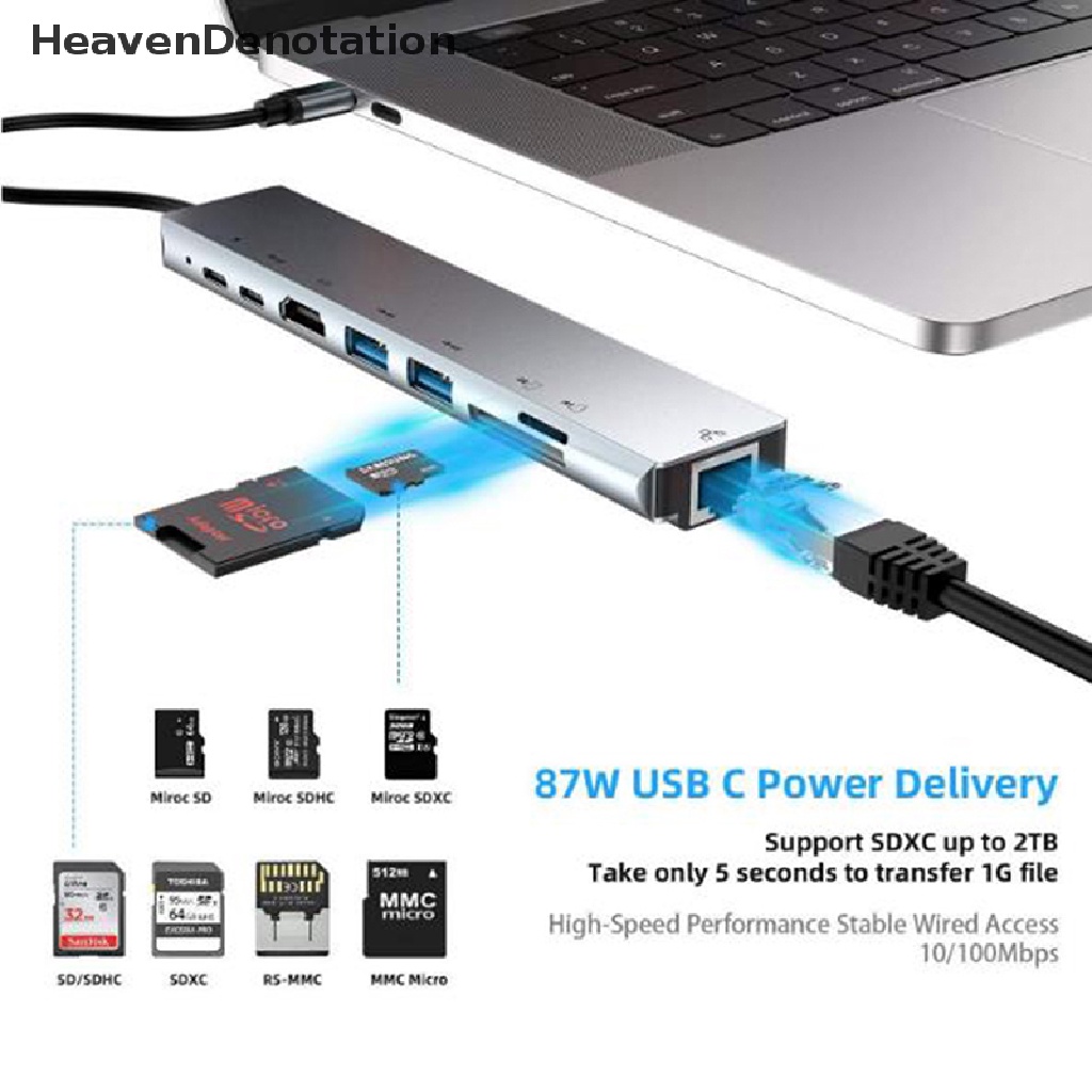 (Heavendenotation) 8 In 1 Hub Adapter Multi Port Usb 3.0 Tipe-C Ke Hdmi 4k