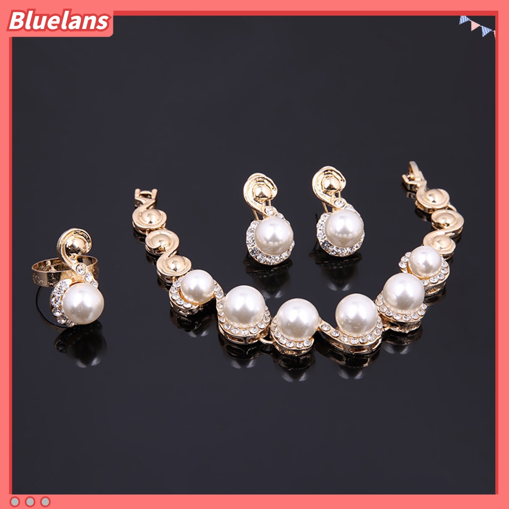 Set Perhiasan Kalung Gelang Anting Stud Mutiara Berlian Imitasi Untuk Wanita