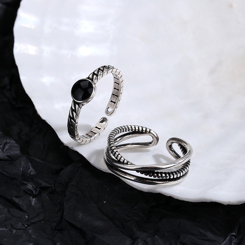 S925 Retro Cross Ring for Women Korean Hip Hop Twist Black Double Open Rings
