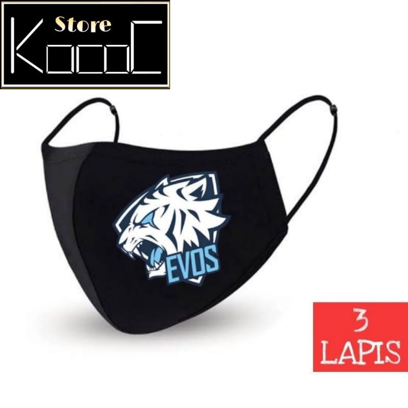 Masker Kain 3 ply Masker 3D Evos Esports  hitam pria wanita dewasa earloop headloop katun/KN95