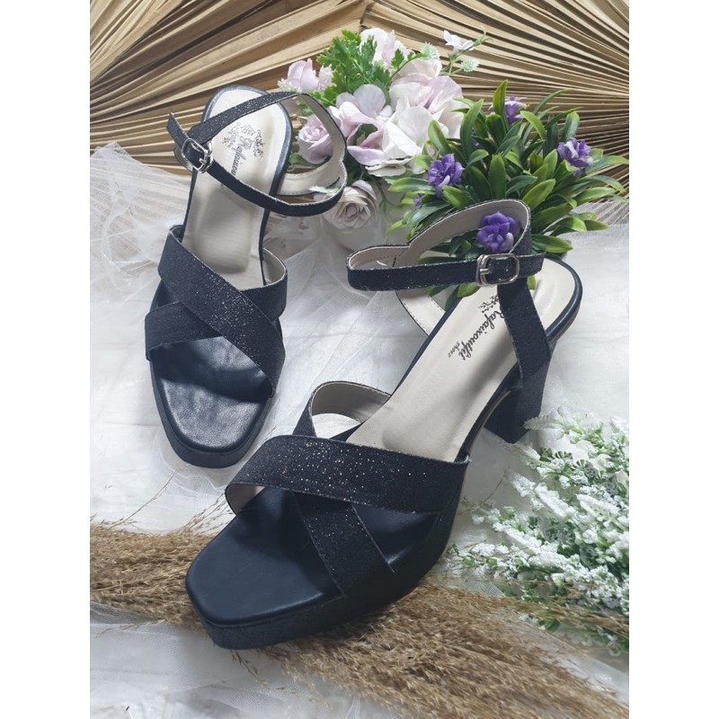 sepatu gliterr hitam tali 9cm hak tahu platfoam