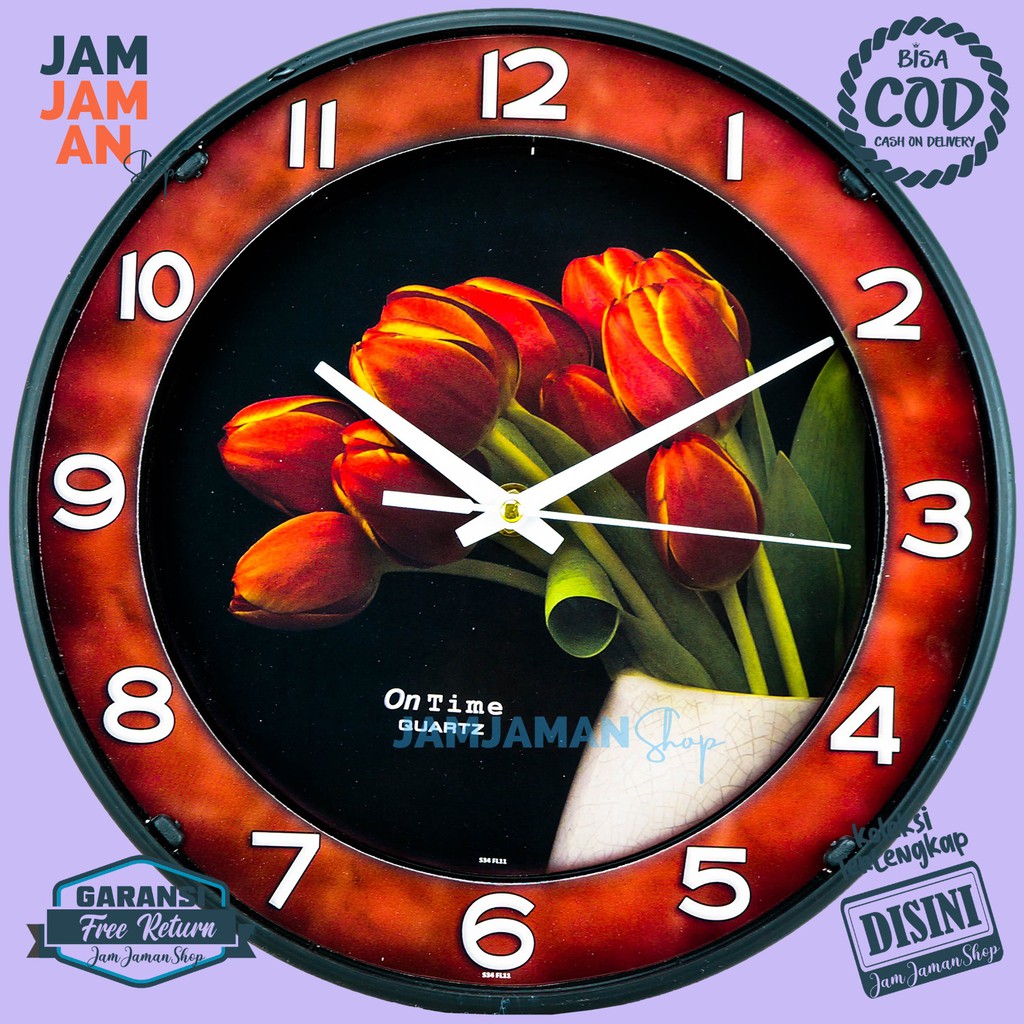 Jam Dinding Quartz Hiasan Rumah Bunga Flower Best Seller Ontime 234 FL2 Unik Bunga Lucu