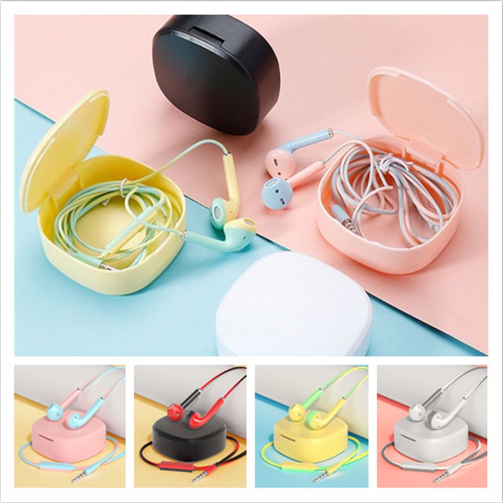 1 Set Headset Earphone In-Ear Kabel 3.5mm Warna Macaron Dengan Microphone + Kotak Penyimpanan