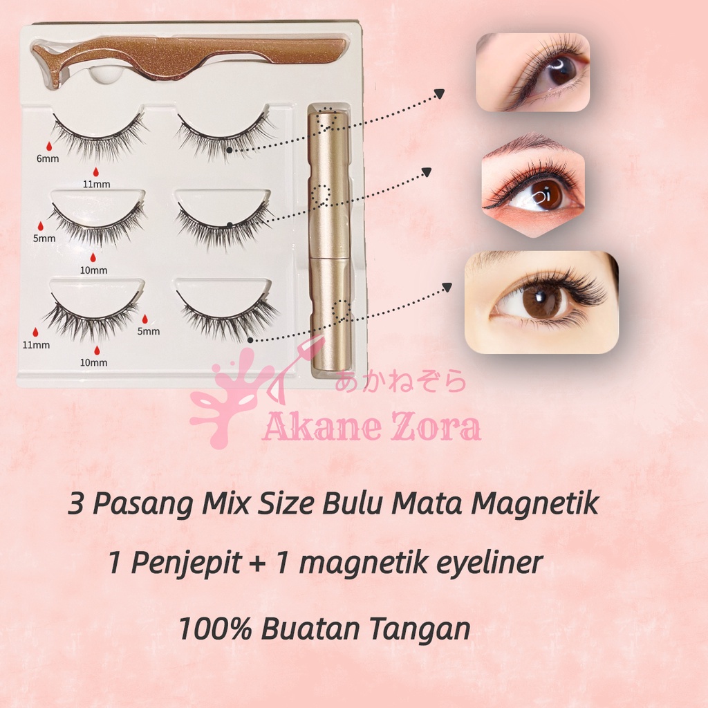 Akane Zora Bulu Mata Palsu Natural Magnet/ 3D Bulu Mata Palsu Tidak Perlu Lem Bulu Mata/ Bulu Mata Eyelash Extension 3D Paketan Set Tebal 5 Pasang Premium/ Magnetik Eyeliner Bulu Mata Eyelash Magnetic Natural