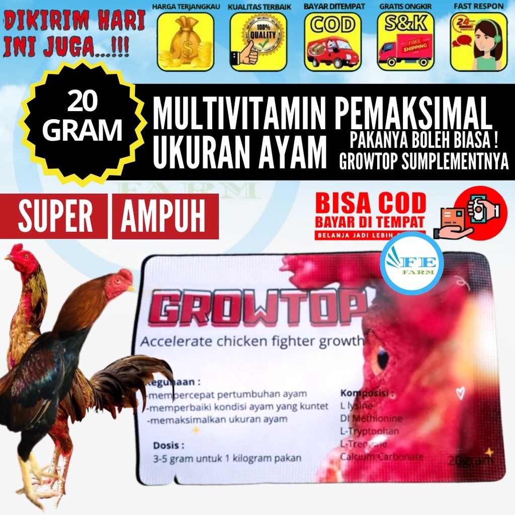 Growtop - Vitamin Pertumbuhan Ayam Aduan Untuk Memaksimalkan Petumbuhan dan Menguatkan Ayam Aduan FEFARM