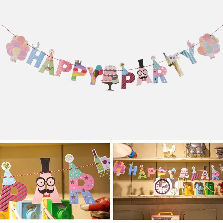 BANNER Topper HAPPY PARTY Desain Tulisan Happy Birthday BANNER ULANG TAHUN Bahan Kertas - MIKHAMART