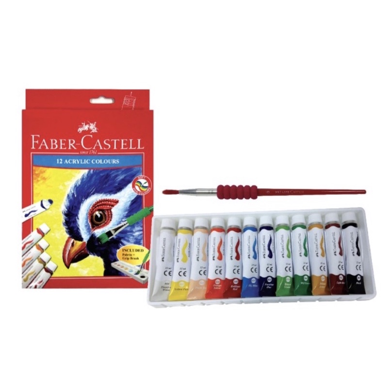 ( Set 12 Colours ) FABER CASTELL ACRYLIC TUBE 12 ML COLORING SET - FREE BRUSH - PAINTING CAT MINYAK AKRILIK