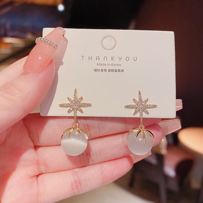 Anting S925 Silver Needle Bentuk Bintang Opal Gaya Korea Untuk Wanita