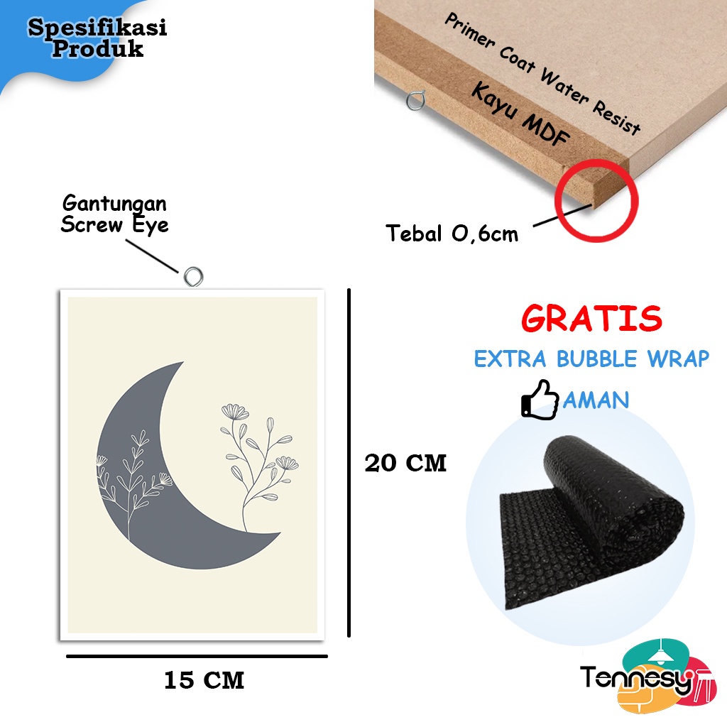 TENNESY HIASAN DINDING BUNGA DAUN SHAPE MOON WALL DECOR 15x20CM PAJANGAN KAYU POSTER DEKORASI DINDING KAMAR TIDUR RUMAH