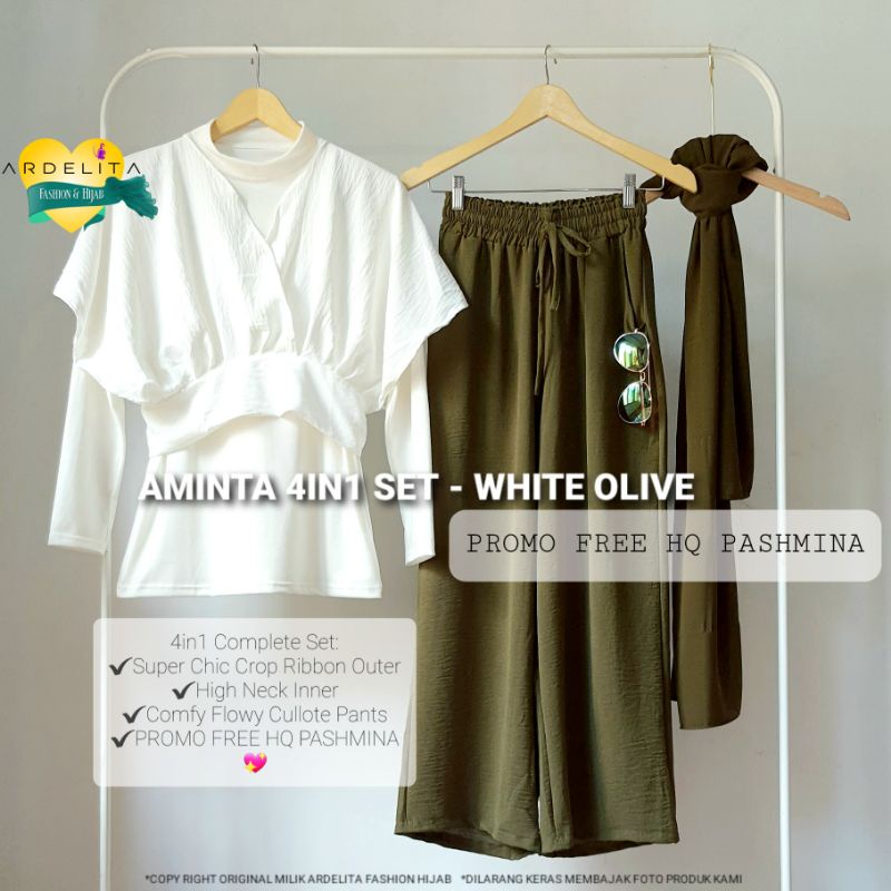 PROMO GRATIS JILBAB - AMINTA 4IN1 SET SETELAN WANITA TERBARU OOTD HIJAB SELEGRAM KEKINIAN TERKEREN TERBAIK BAJU WANITA MURAH BAGUS PREMIUM UNTUK LEBARAN 2022 SETCEL MEWAH NYAMAN DIPAKAI-AMINTA WHITE-OLIVE