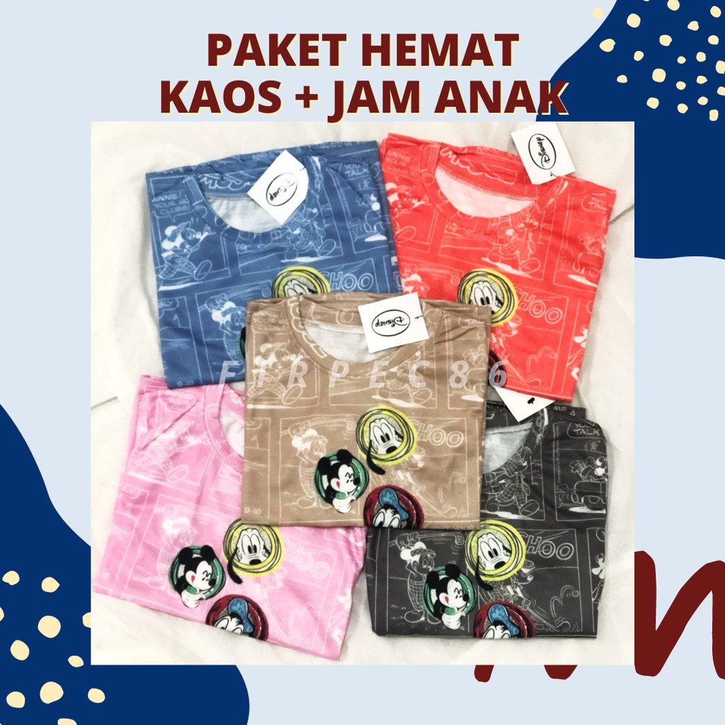 F86 Paket Hemat Kaos Mickey Mouse dan Jam Tangan Anak Cowok