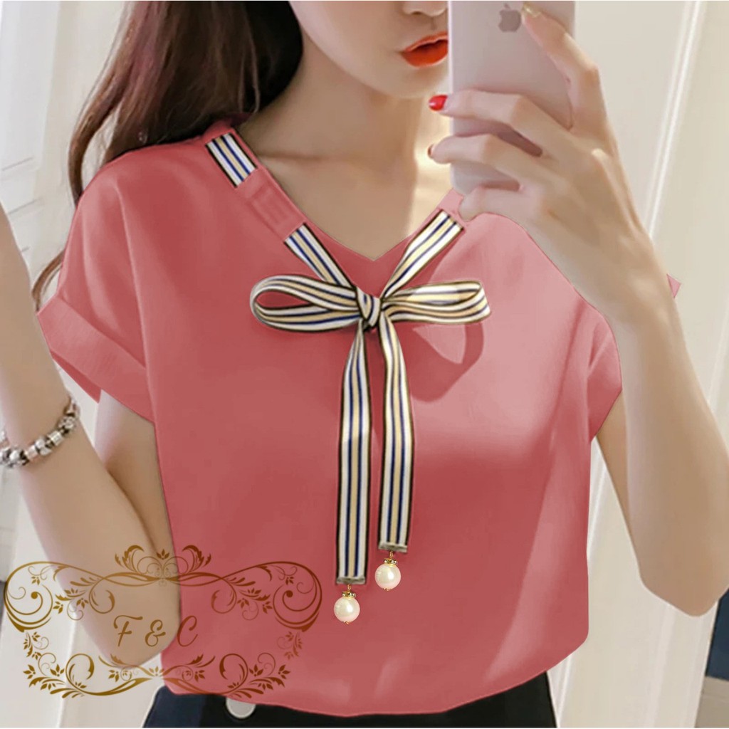 BISA COD - BLOUSE LAURA Blouse Korean Style Wanita Remaja Atasan Kaos Blouse Wanita Dewasa Lengan Pendek Bahan Balotelly-Salem