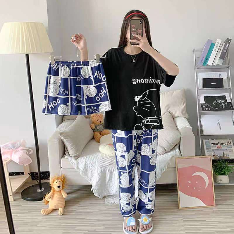 AJW Shop Piyama 3 in 1 | Piyama Lengan Pendek | Baju Tidur Impor | Baju Tidur 3in1-Doraemon Hitam