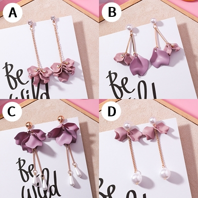 Anting Wanita Anting Bunga Dusty Pink Rumbai Mutiara Permata Aksesoris Fashion Earrings