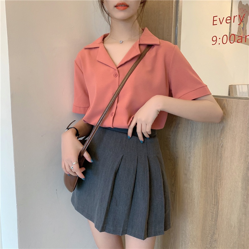 kemeja blus wanita Korea Style retro Shirt warna solid kaos sifon lengan pendek