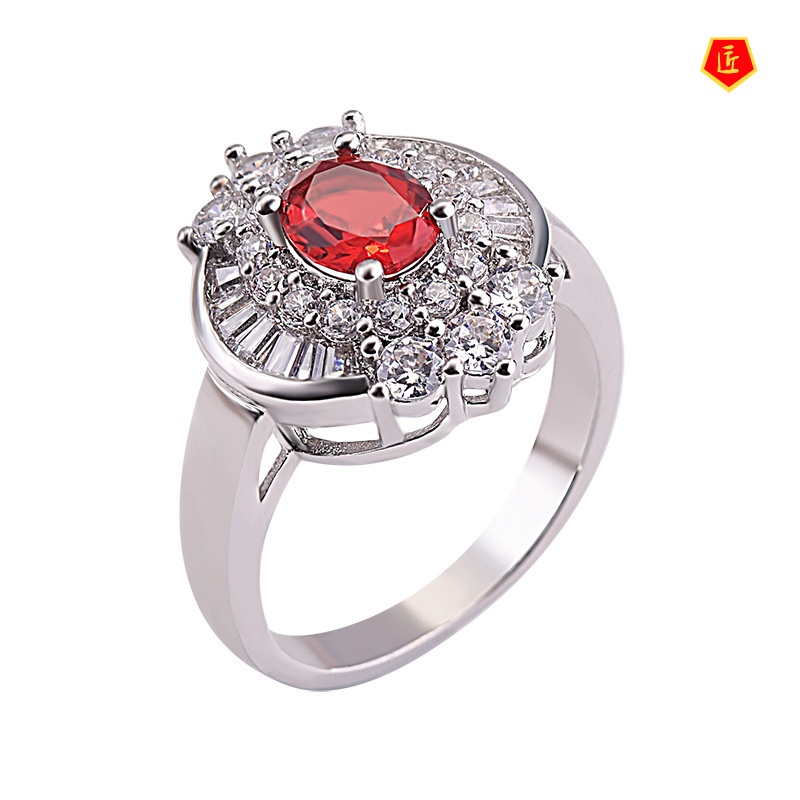 [Ready Stock]Luxury Fashion Inlaid Ruby Ladder Square Diamond Ring