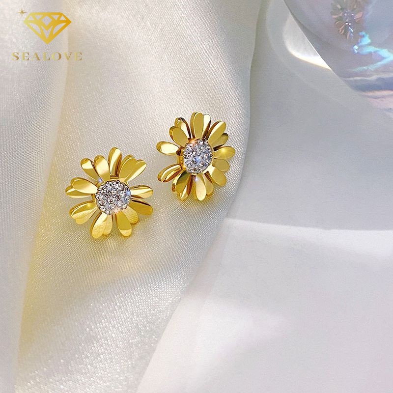 SEALOVE Kalung Anting Set Daisy Wanita kalung titanium anti karat dan luntur 18k Emas Perhiasan Premium Korea