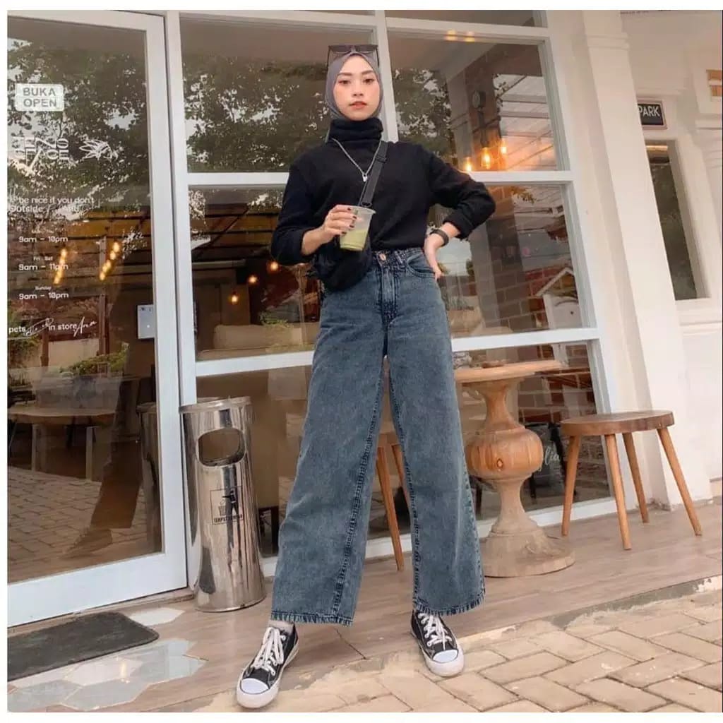 Kulot Jeans Wanita Loose -Celana Mozza Jeans Highwaist