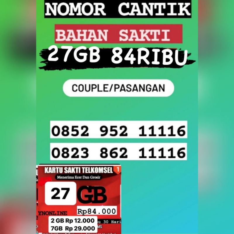 NOMOR COUPLE CANTIK TELKOMSEL AS + BAHAN SAKTI 25 GB COMBO