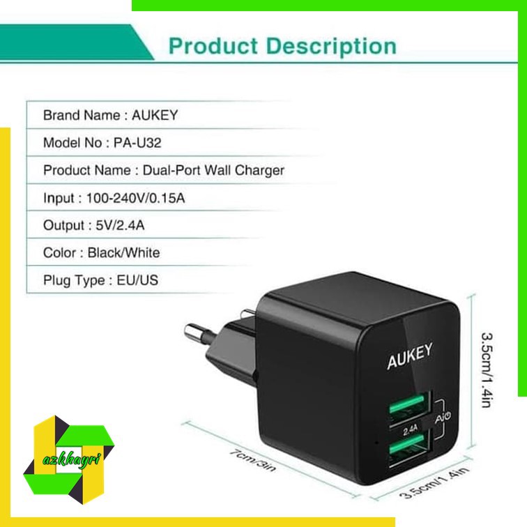 Aukey PA-U32 Mini Dual Port Wall Quick Charger 2 Port Usb Eu Plug 12 watt