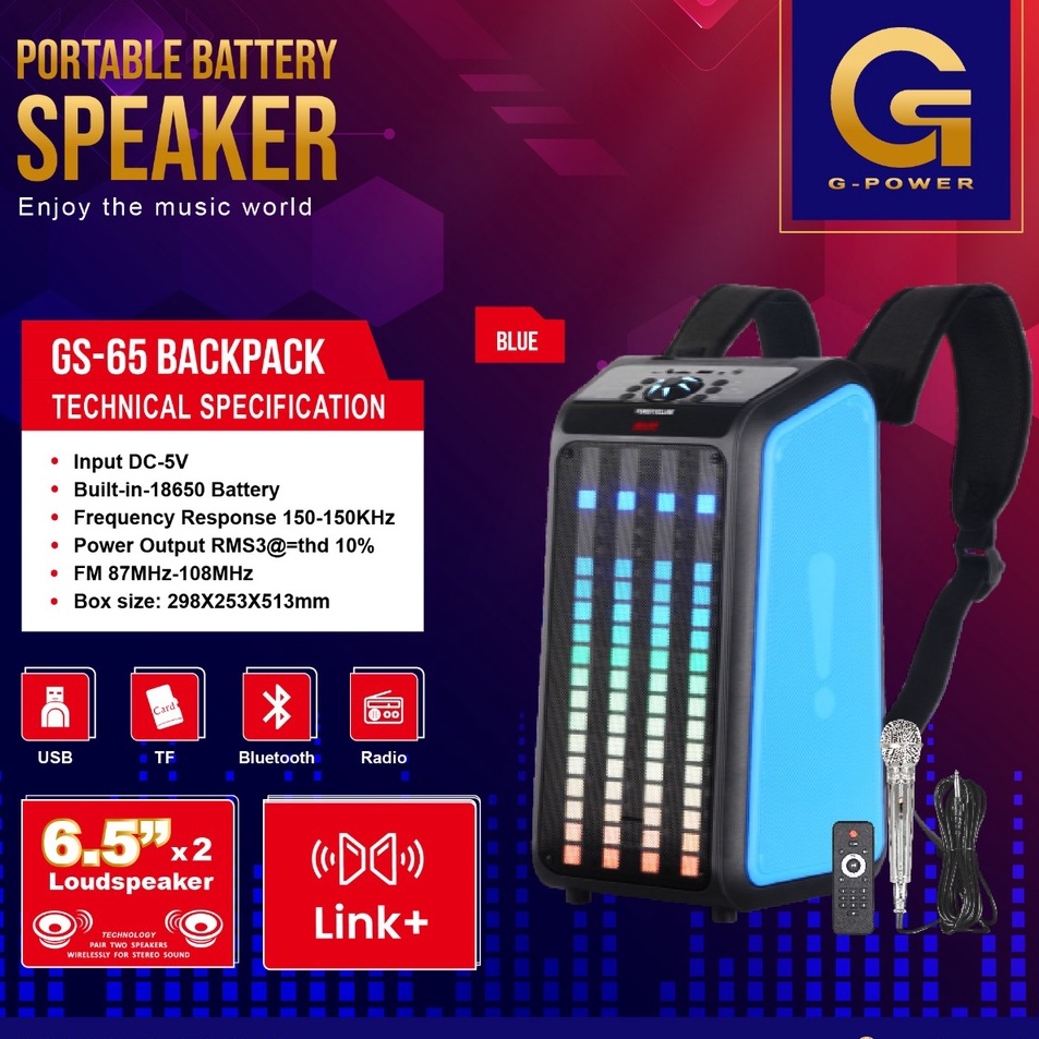 GPOWER Speaker Bluetooth GS-65 BACKPACK FREE MIC Karaoke Super Bass Speaker Aktif Portable Termurah