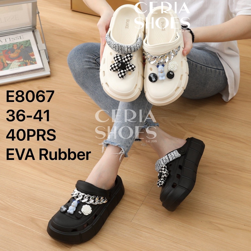 EVA Sandal Slop Wanita Slip On Clog Import Bahan Spons Eva Ringan Lentur Tinggi 5 Cm Rubber Non-Slip Super Soft Motif Chain Flower BALANCE